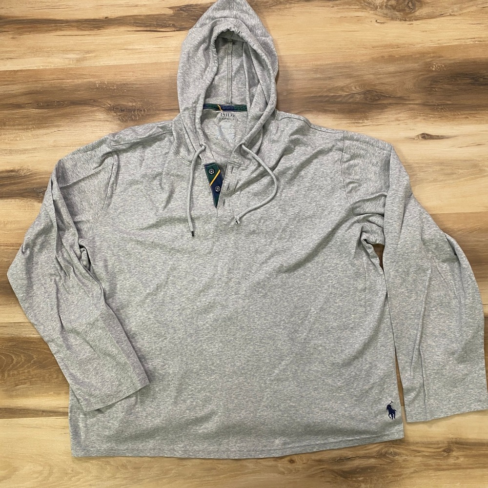Polo Ralph Lauren Hoodie Large Henley Shirt Mercerized Cotton Grey L Long Sleeve